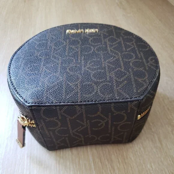 Calvin Klein Dark Brown Monogram Round Crossbody with Tan Handle - Picture 2 of 9